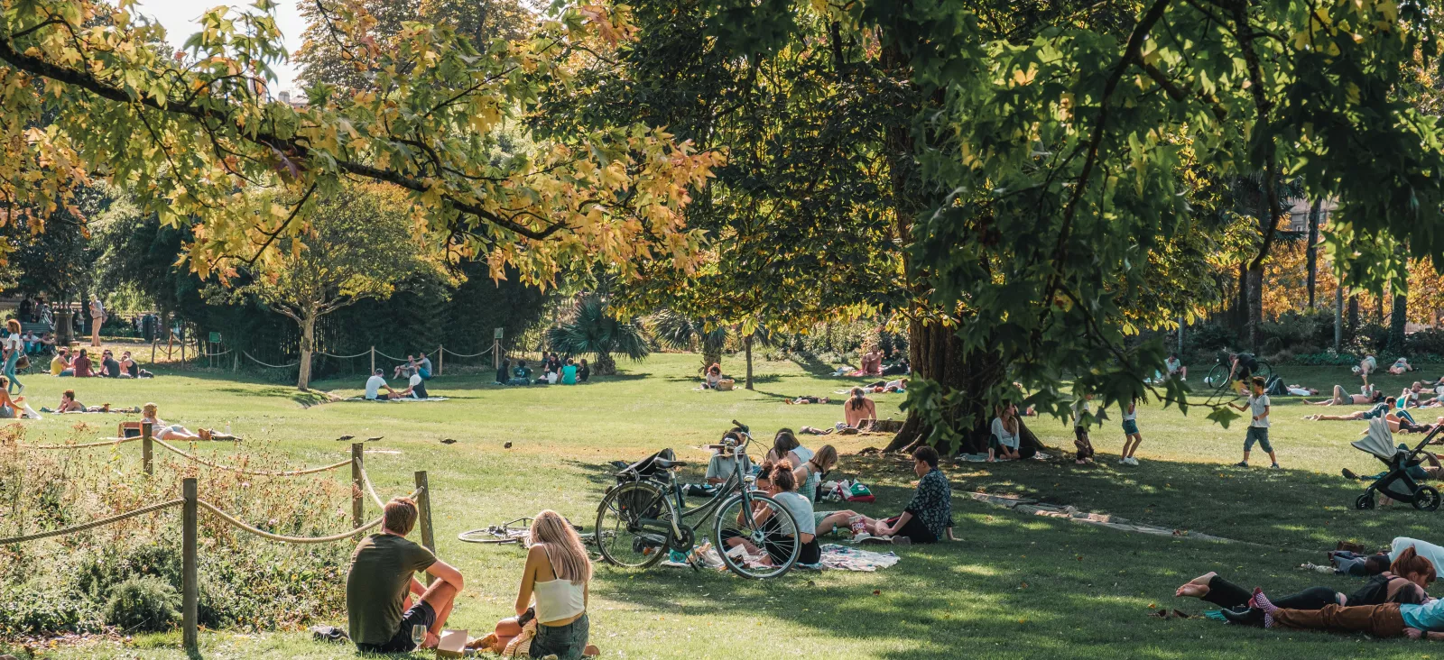 Scène de détente au Jardin public de Bordeaux avec des visiteurs assis sur l'herbe, des arbres aux teintes automnales, et un vélo garé à proximité.